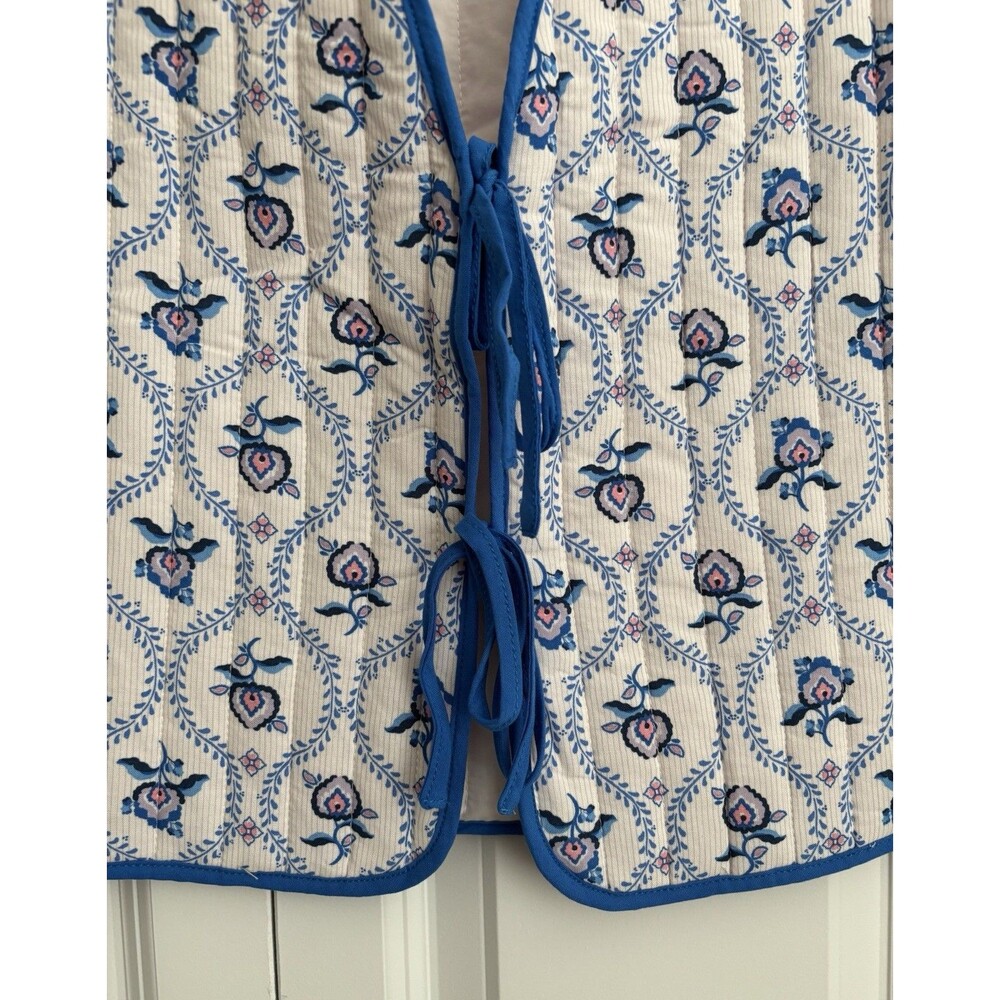 Nanette Lepore Quilted Vest Tie Front White Blue Floral Cotton Waistcoat L/XL - Picture 4 of 4